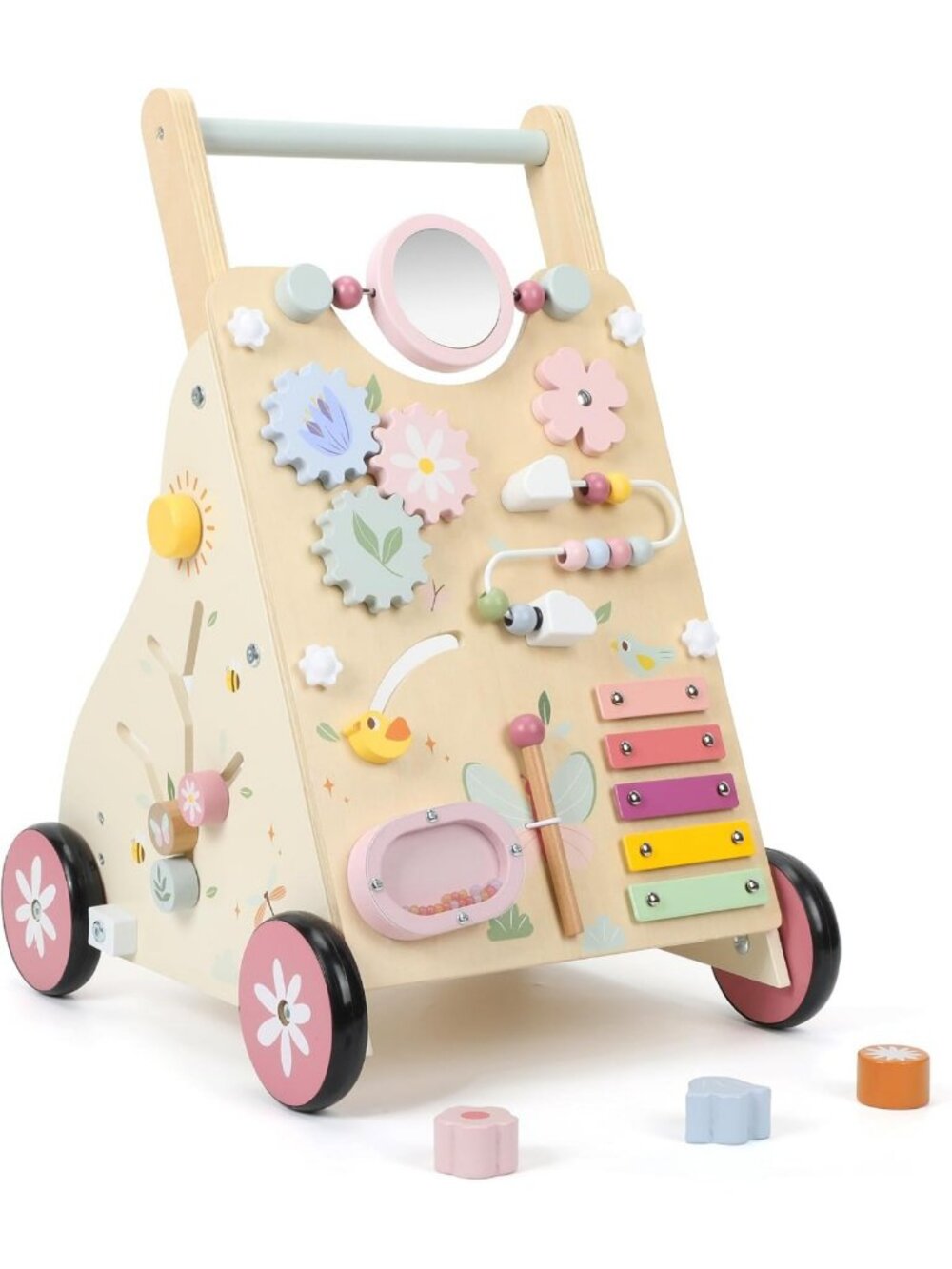 Wooden Baby Push Walker & Activity Center - Montessori Sensory Toy for Learning